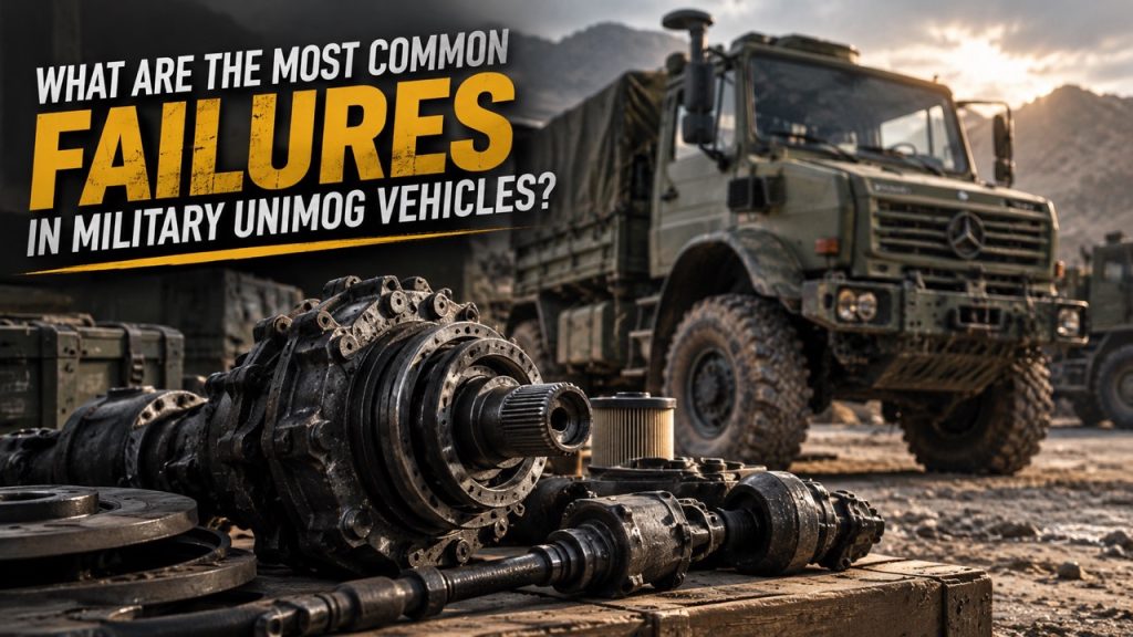 Military Unimog truck with a heavy-duty spare part in the foreground, representing common Unimog failures, maintenance and replacement components.