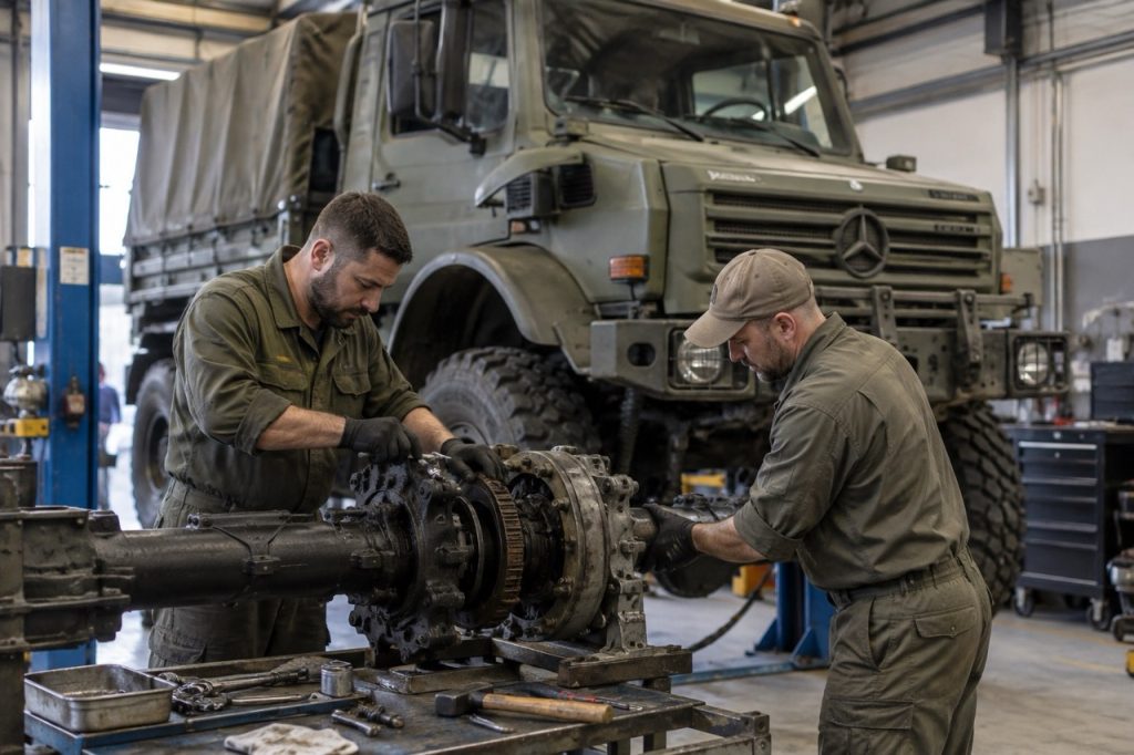 Camion militaire Unimog en cours d'entretien dans un atelier professionnel tandis que les techniciens réparent un composant de train.