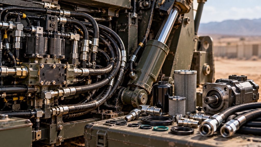 Close up of a military vehicle hydraulic system with hoses, control valves, hydraulic cylinder, filters, seals, fittings and hydraulic pump spare parts.