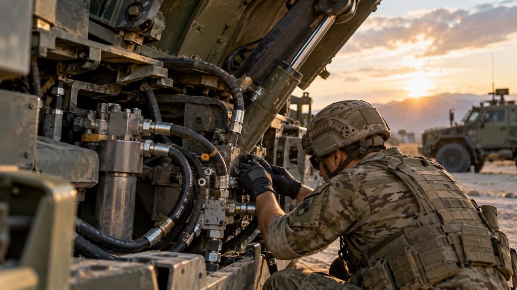 Military technician inspecting hydraulic hoses, fittings and actuator components on a military vehicle during field maintenance.