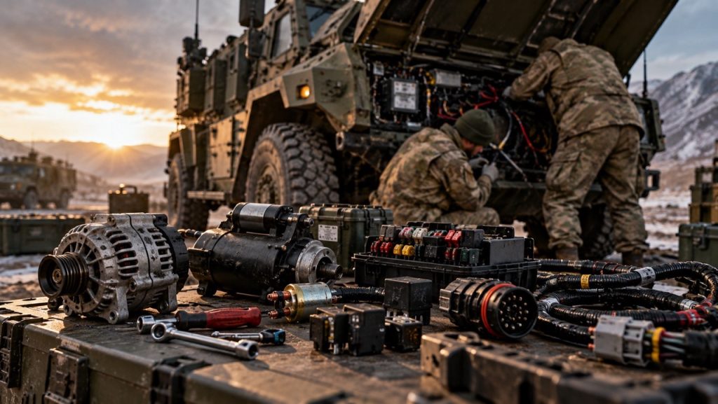 Military vehicle electrical spare parts including an alternator, starter motor, relays, fuse box, connectors and wiring harnesses during field repair.