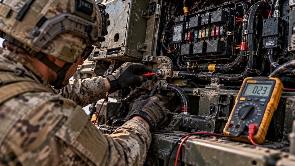 Military technician performing voltage drop testing on a military vehicle electrical system beside the fuse and relay box during field maintenance.