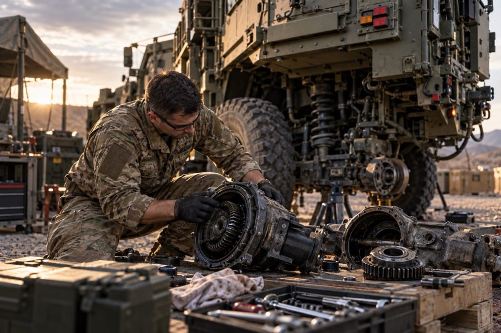 Técnico militar comparando piezas de repuesto del vehículo con manuales técnicos y catálogo de piezas digitales antes de ordenar.