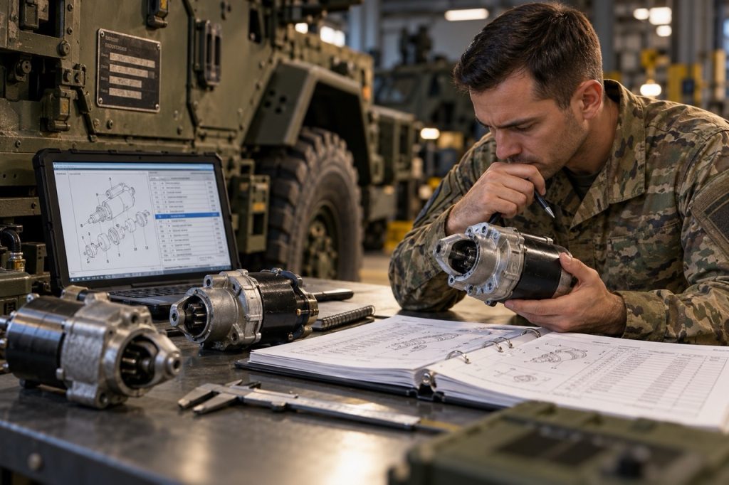Técnico que inspecciona alternadores de vehículos militares, unidades eléctricas y componentes hidráulicos durante el mantenimiento sobre el terreno.