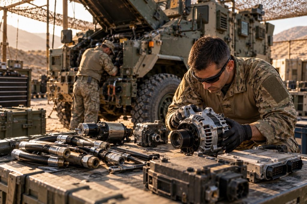 Técnico de mantenimiento militar inspeccionando componentes de tracción y diferenciales durante la reparación sobre el terreno de un vehículo militar.